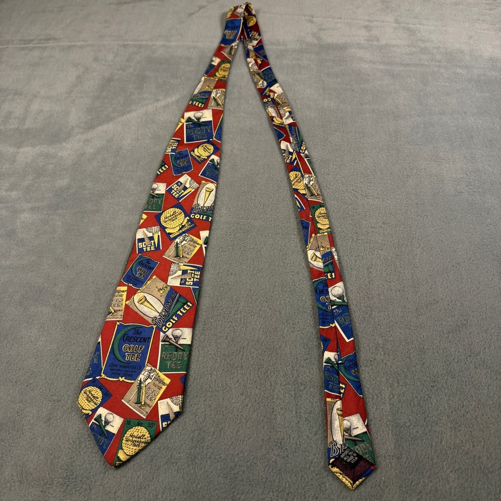 Hathaway Golf Silk‎ Tie Vintage Golf Tee Advertisement Novelty Print Red Blue